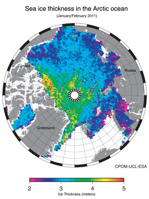 Mapa del espesor del hielo ártico. Fuente: ESA