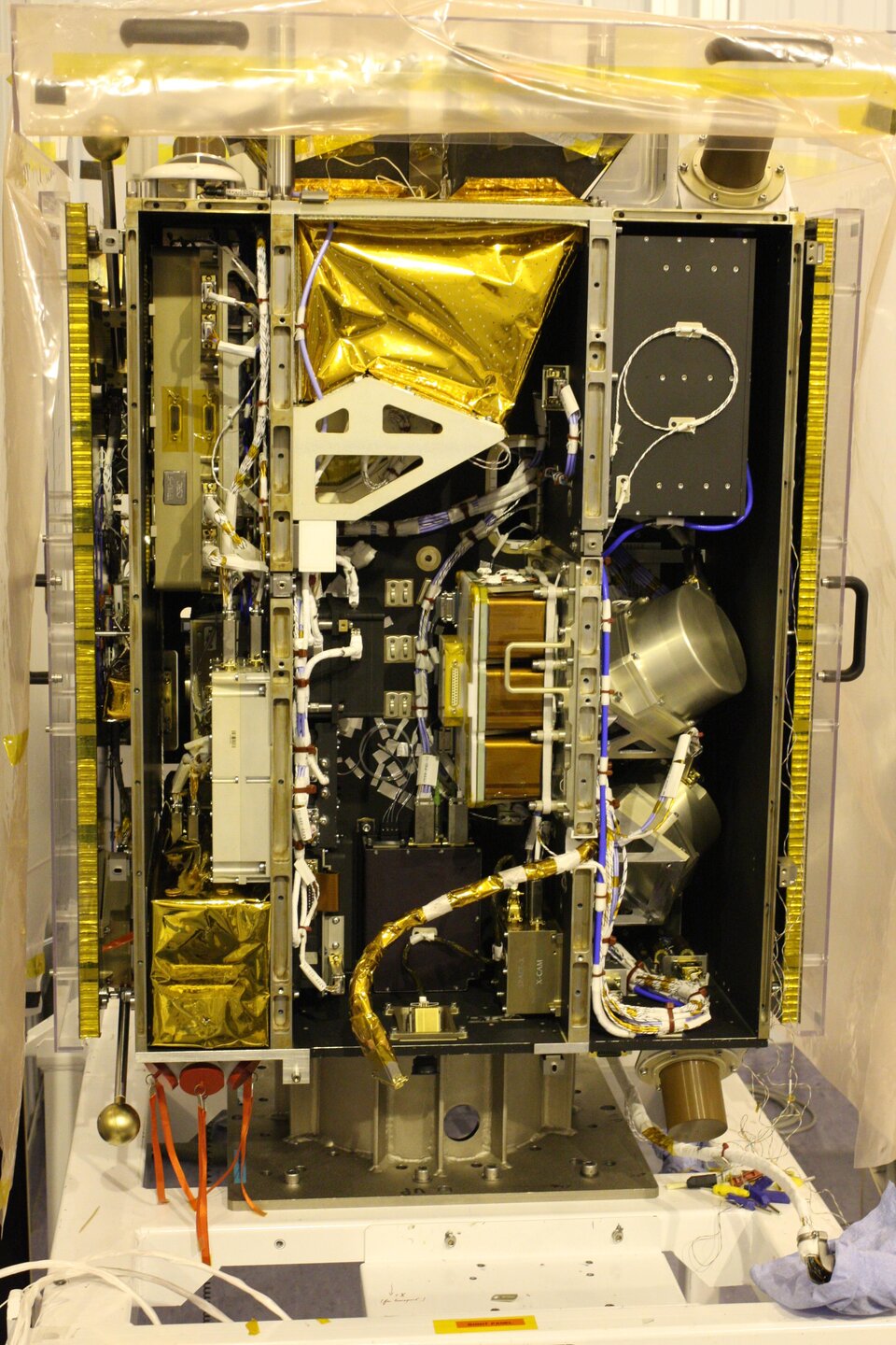 Inside view of spacecraft with battery mounted, prior to closure