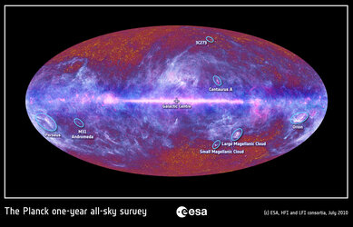 The microwave sky as seen by Planck with objects labeled