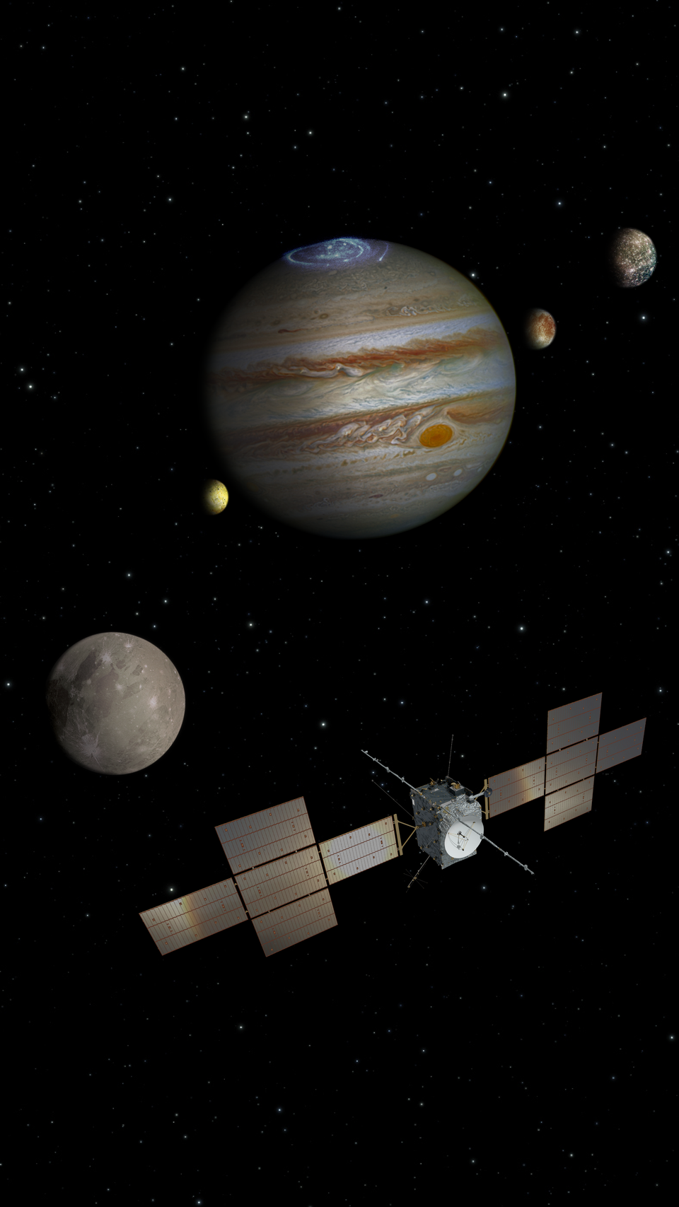 Juice, Jupiter and the Galilean moons (Ganymede, Europa, Callisto, Io)