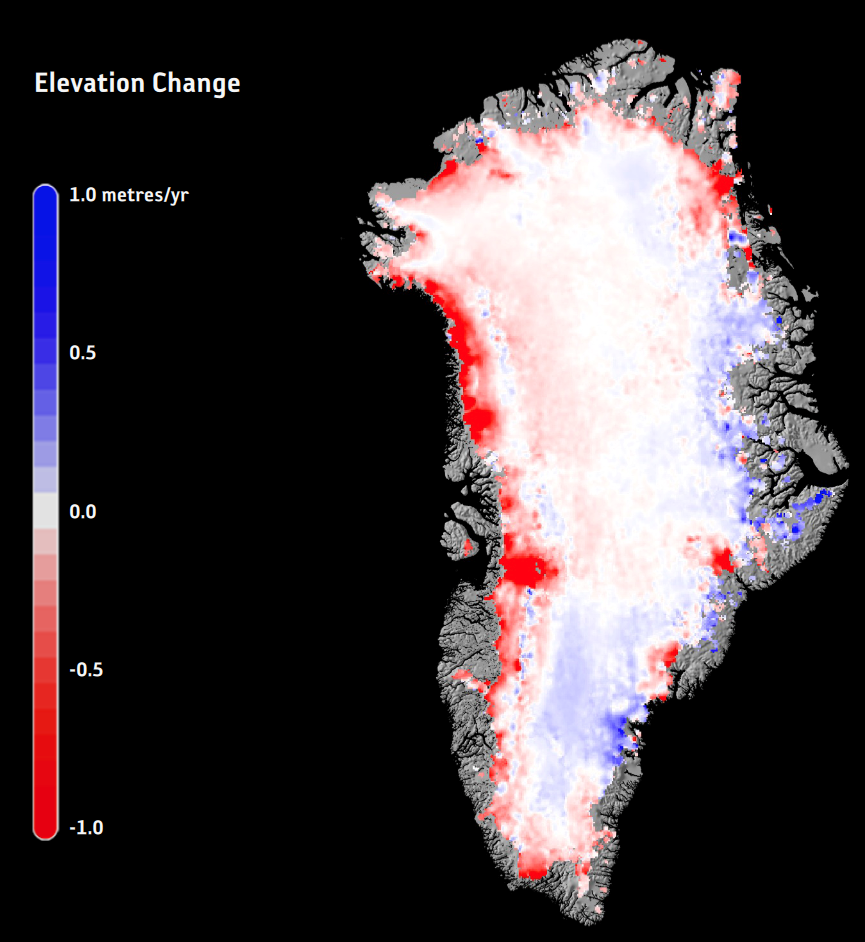 Grönland-Eis, gemessen zwischen 1992 und 2016 von ERS, Envisat und CryoSat