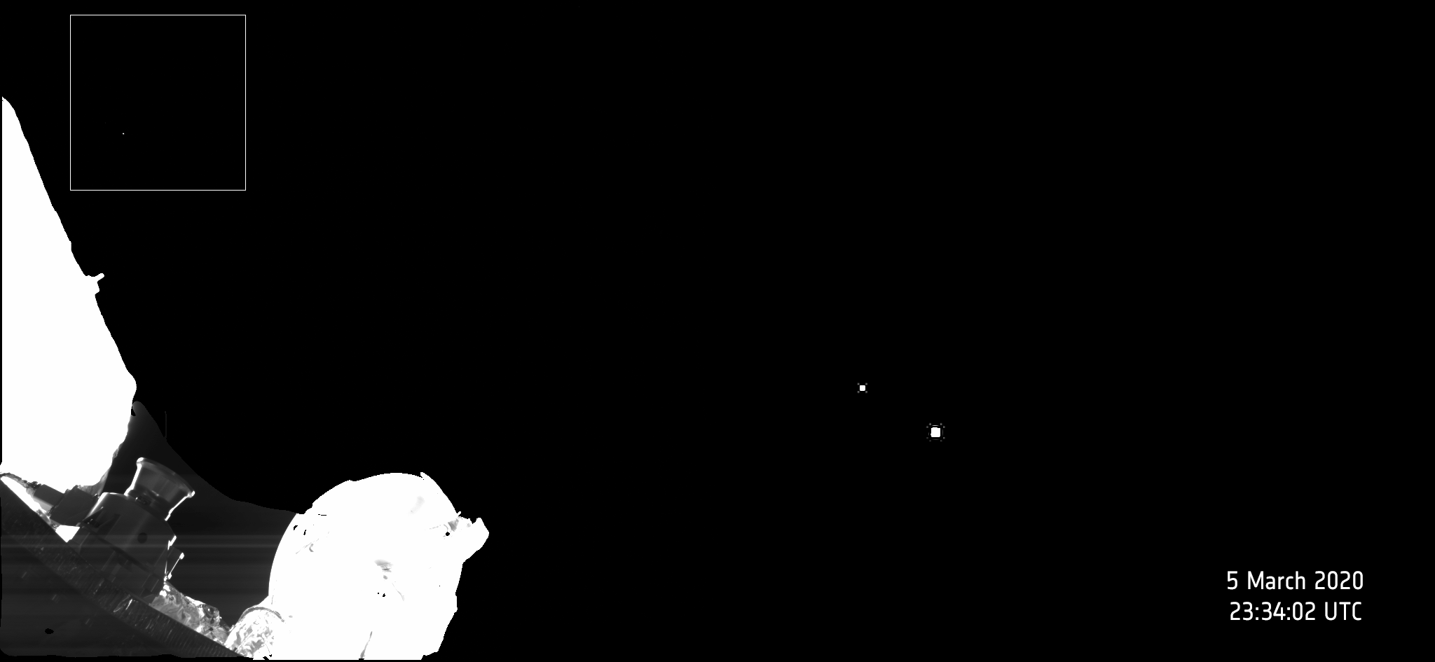 Earth and the Moon as captured by one of BepiColombo's selfie cameras in early March 2020 during the spacecraft's approach to Earth ahead of its flyby on April 10