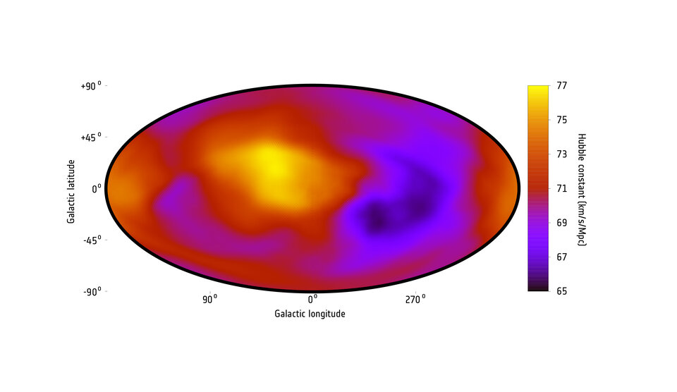 A map showing the rate of the expansion of the Universe in different directions across the sky as measured by the current study