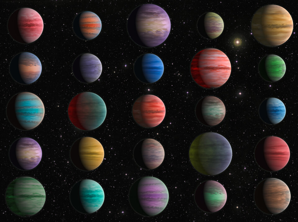 Artist impression of 25 ‘hot Jupiters’ – gas giant exoplanets that look physically similar to Jupiter but orbit closer to their host stars