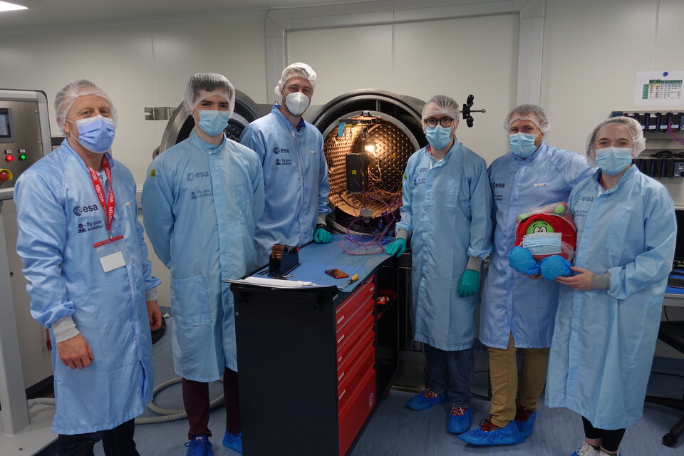 EIRSAT-1 inside the TVAC chamber ready for TVAC testing