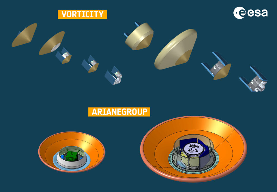 Views of Vorticity’s piggyback (top left) and standalone (top right) mission concepts, and those of ArianeGroup (piggyback bottom left, standalone bottom right). Vorticity teamed up  with Eptune Engineering and Fluid Gravity Engineering for their mission concept. ArianeGroup was supported by Airbus (Spain), R.Tech and Jehier.