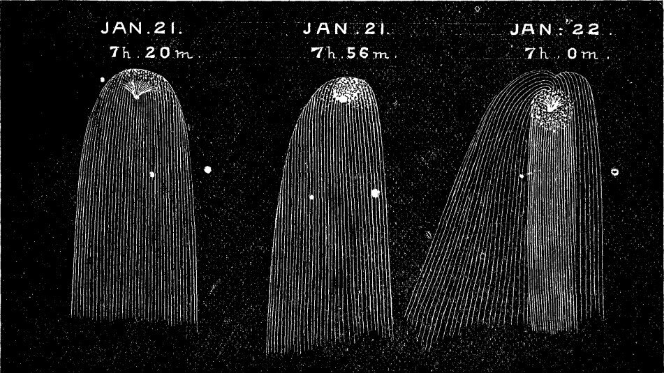 Sketches of Comet 12P/Pons-Brooks from 21-22 January 1884 by US astronomer Herbert Couper Wilson (1858-1940).