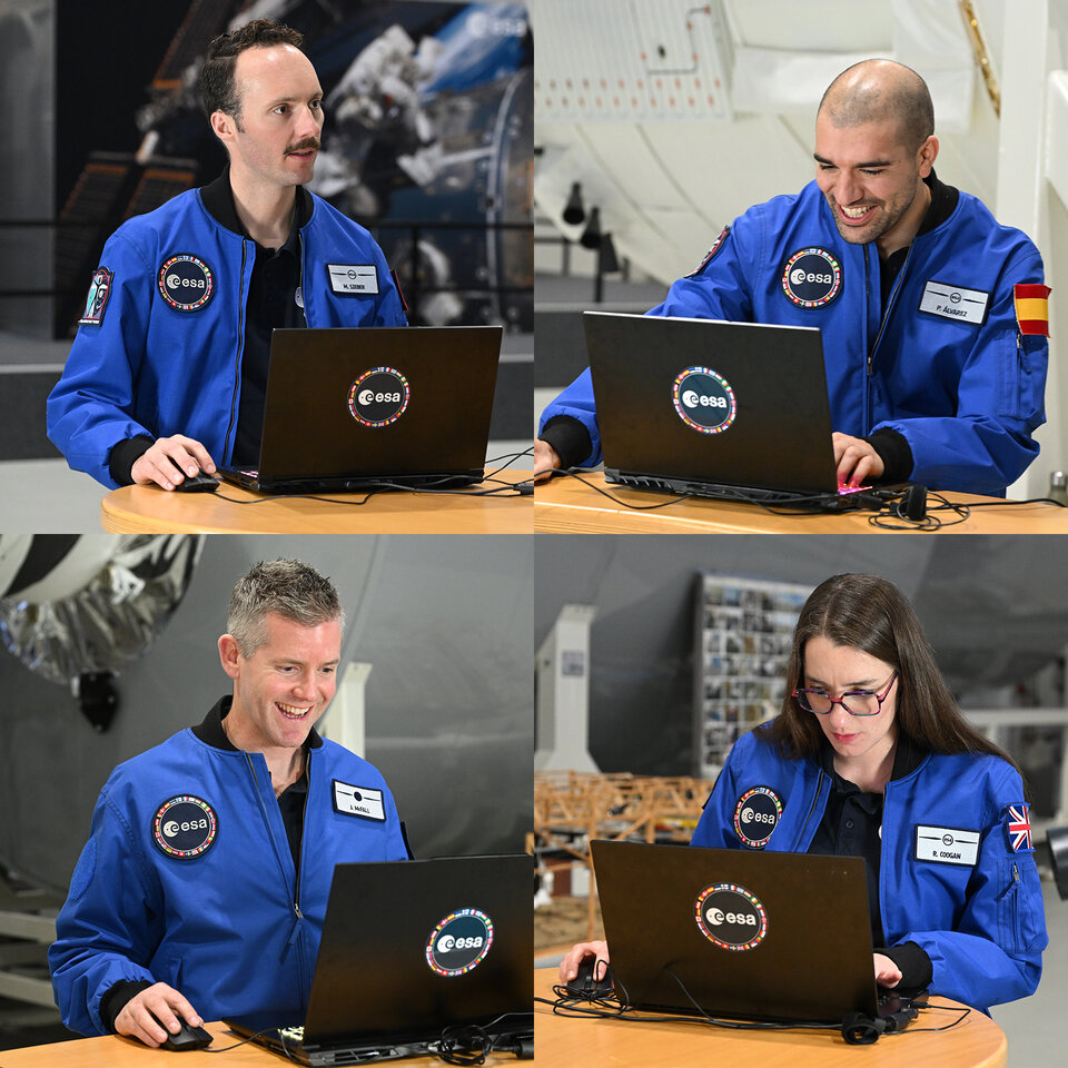 Gli astronauti dell'ESA Marco Sieber, Pablo Alvarez Fernandez e Rosemary Coogan hanno collaborato con John McFall, membro della riserva di astronauti e astronaute dell’ESA, per testare Lunar Horizons