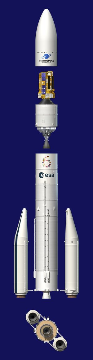 Artist's view of the Ariane 6 components and payload with two boosters – blue background