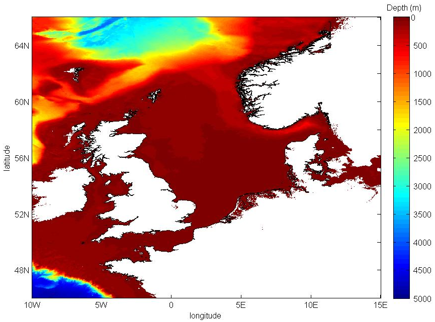 Example of a ROMS model grid of the North Sea. The colour shading represents ocean bathymetry, i.e. ocean depth, within the basin.