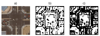 Figure a) shows an image from the UC Merced Land Use dataset [7] used to stimulate the convoutional Spiking Neural Networks described in [9].  Figure b) shows the neurons of the first convolutional layer that have been activated in the first 7 timesteps. Figure c) shows the neurons of the first convolutional layer that that have been activated in the first 11 timesteps.