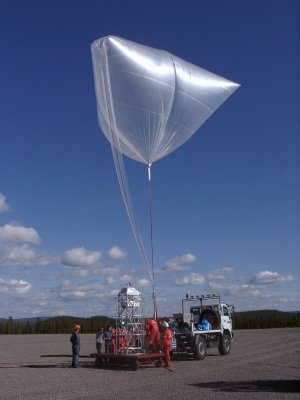 One of the larger instruments being connected to the auxiliary balloon
