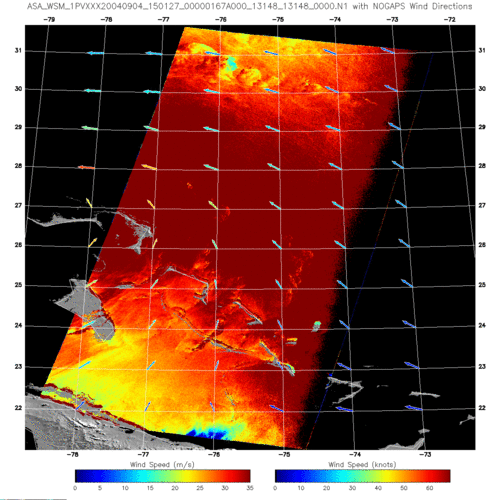 An image of ocean height wind speeds