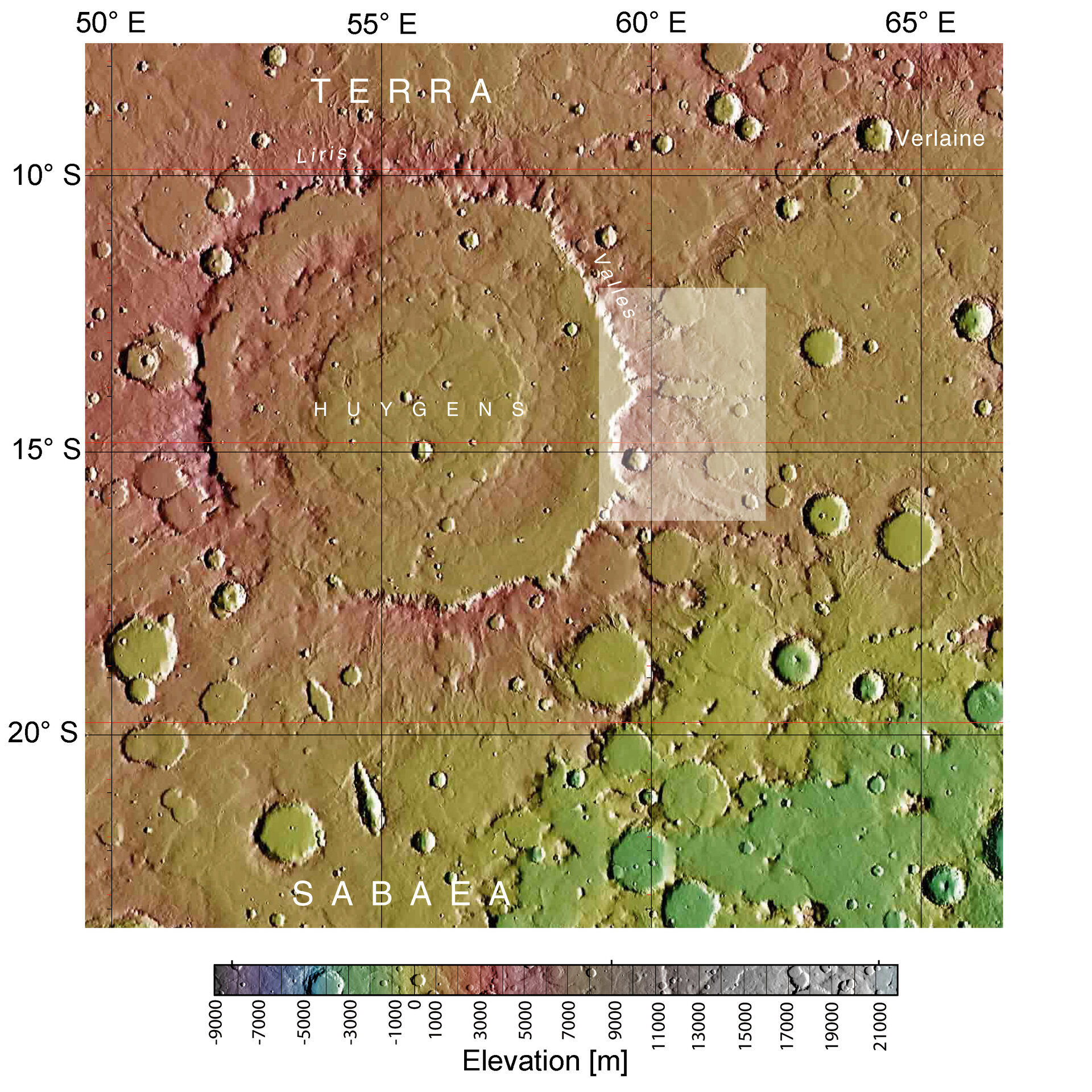 Map showing Huygens crater rim in context