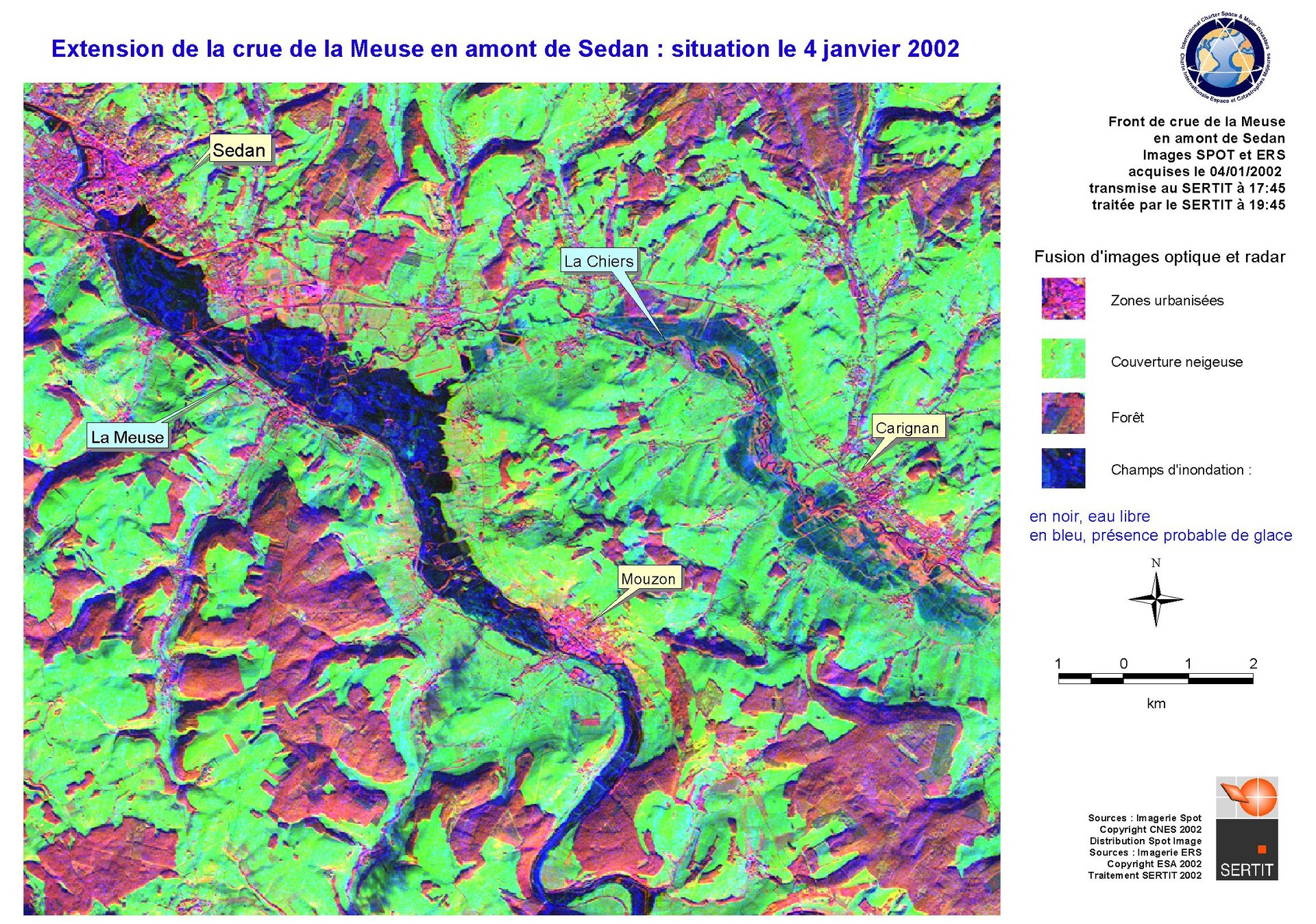 Image combinée des données satellitaires optiques et radar des inondations de la Meuse