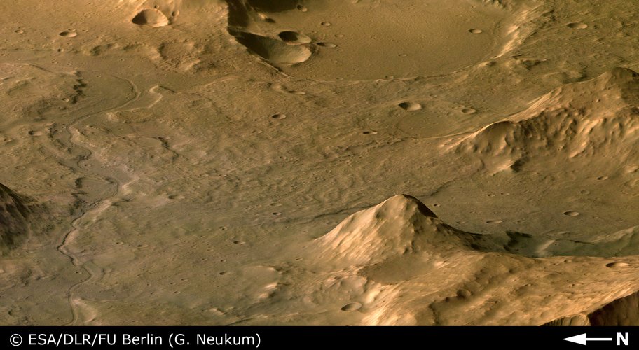 Perspective view of Libya Montes valley, looking east