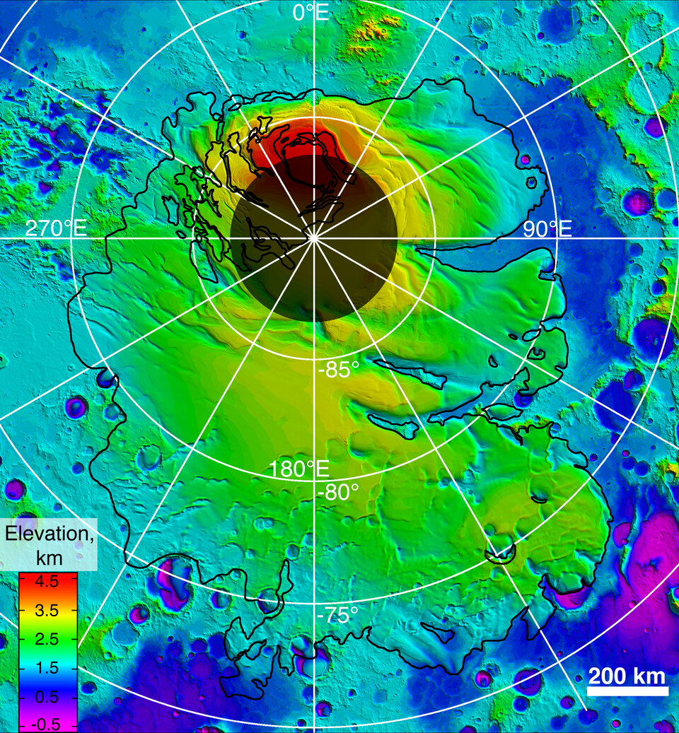 Upper surface of icy layers covering Mars' south-polar region