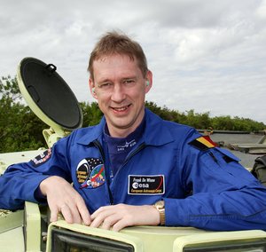 Frank De Winne during emergency evacuation training at Kennedy Space Center, Florida