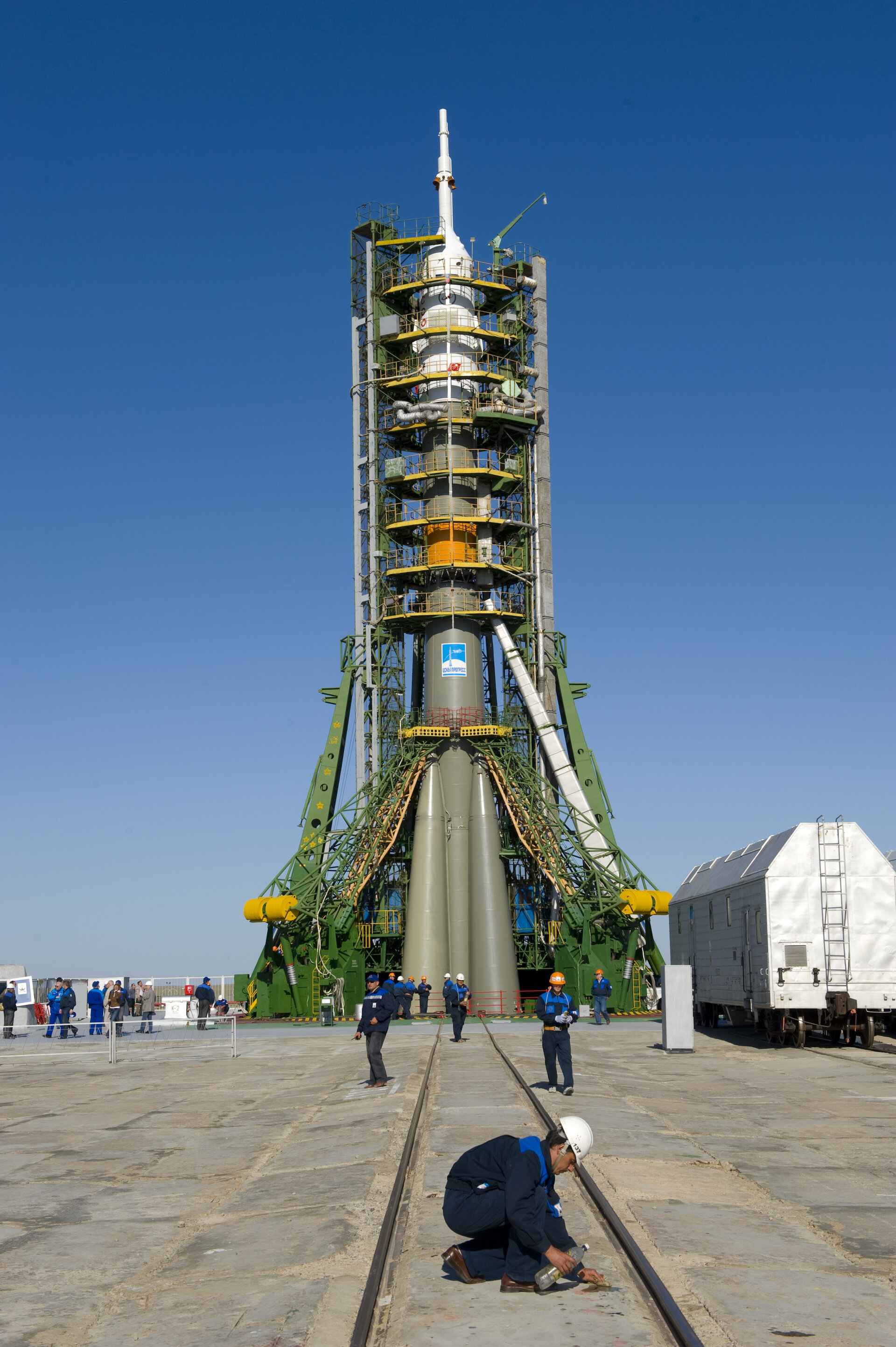 Soyuz launcher is erected on the launch pad