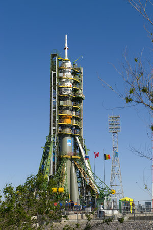 Soyuz launcher is erected on the launch pad