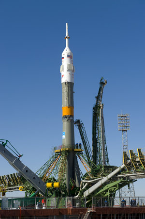 Soyuz launcher is erected on the launch pad