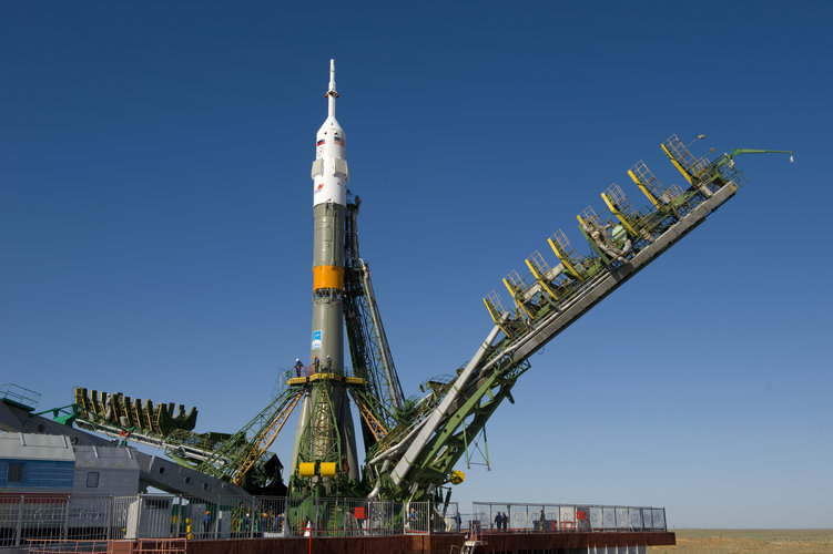 Soyuz launcher is erected on the launch pad