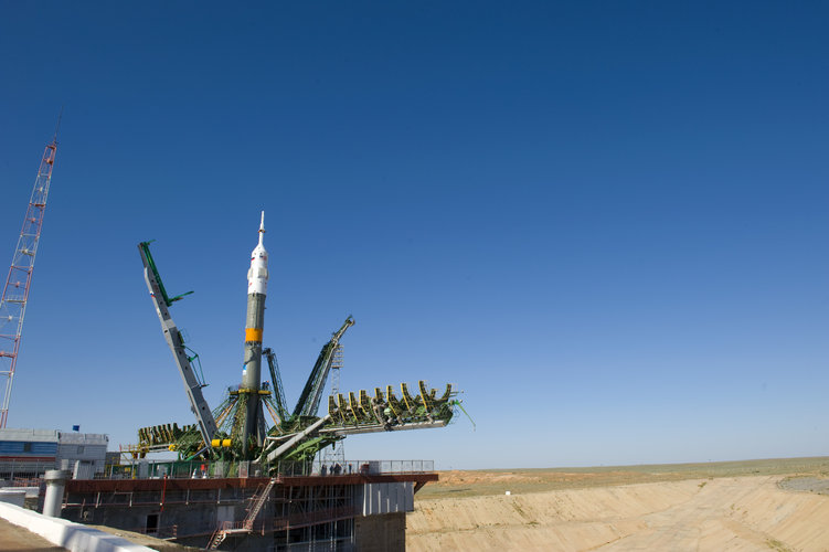 Soyuz launcher is erected on the launch pad