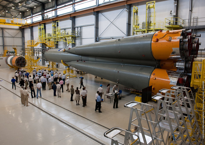 Integration of the first and second stages of Soyuz is completed at Europe's Spaceport