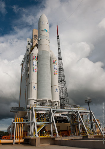 Ariane 5 flight V195 is poised for launch with Arabsat-5 and COMS