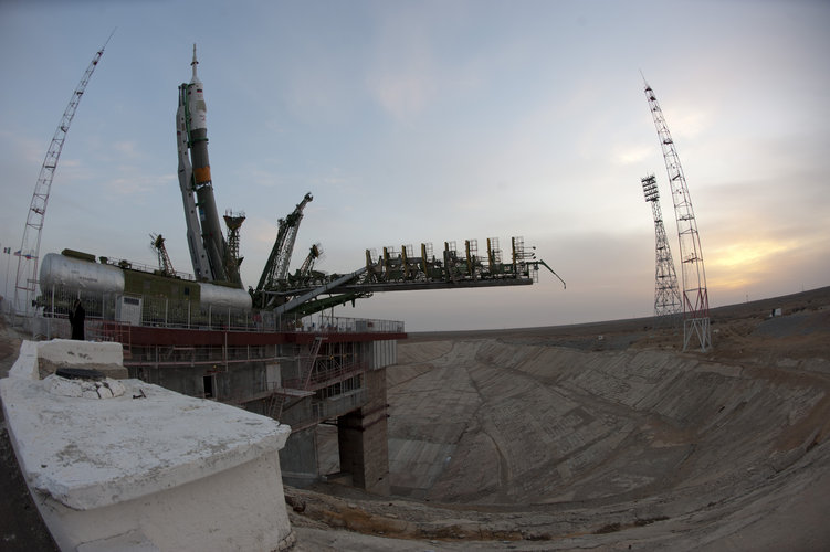 The Soyuz launcher is erected on the launch pad