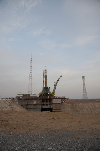 The Soyuz launcher is erected on the launch pad