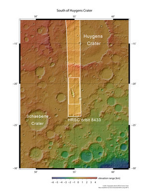 Elongated crater, south of Huygens crater