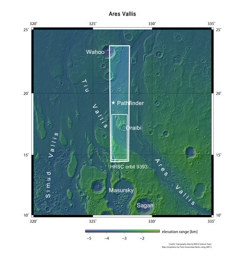 Oraibi crater in Ares Vallis in context