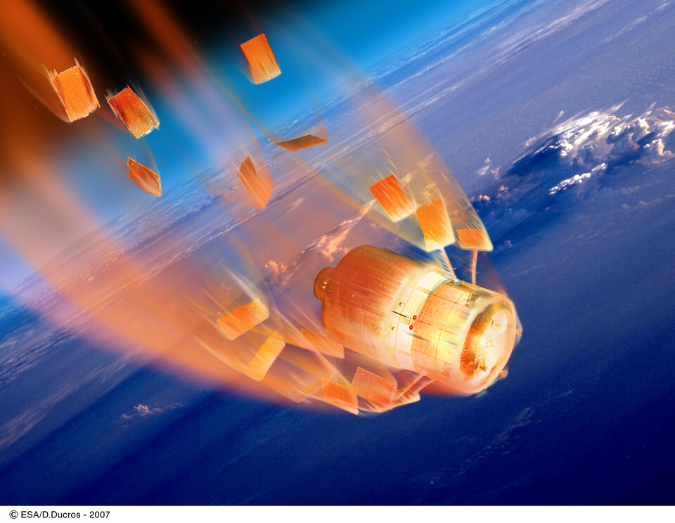 Illustration depicting the reentry and break up of ESA's Automated Transfer Vehicle resupply spacecraft during a controlled reentry
