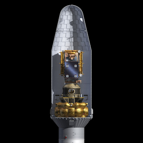 Cut open view of the Soyuz rocket fairing showing Sentinel-1B satellite