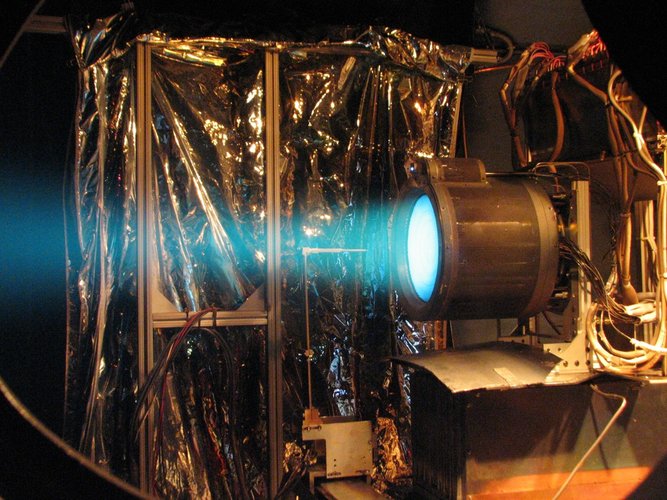 T6 ion thruster firing