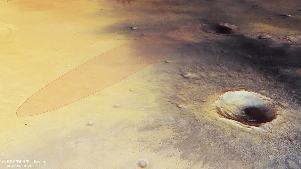 Vue en perspective de Meridiani Planum, avec l'ellipse d'atterrissage de Schiaparelli