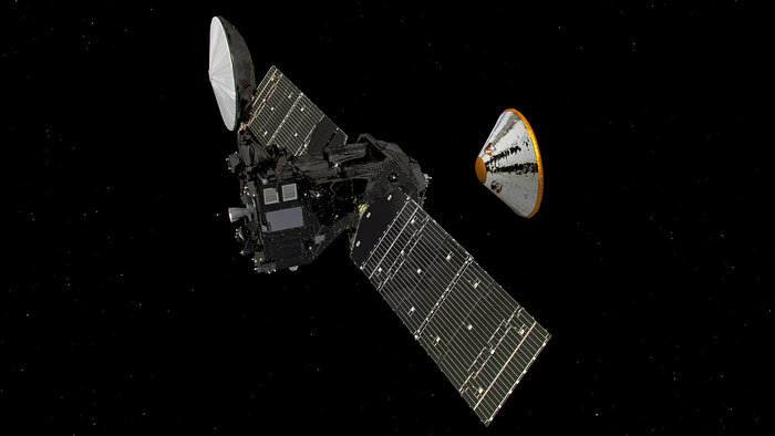 Kunstniku kujutis emalaeva Trace Gas Orbiteri ja Schiaparelli maanduri (paremal, kuumakapslis) eraldumisest 16. oktoobril 2016. Kujutis: ESA/ATG medialab