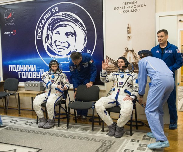 Thomas Pesquet dressed in his Russian Sokol suit