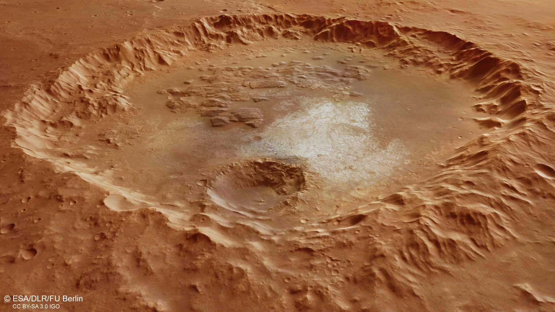 Vista em perspectiva através de uma cratera em Erythraeum Chaos