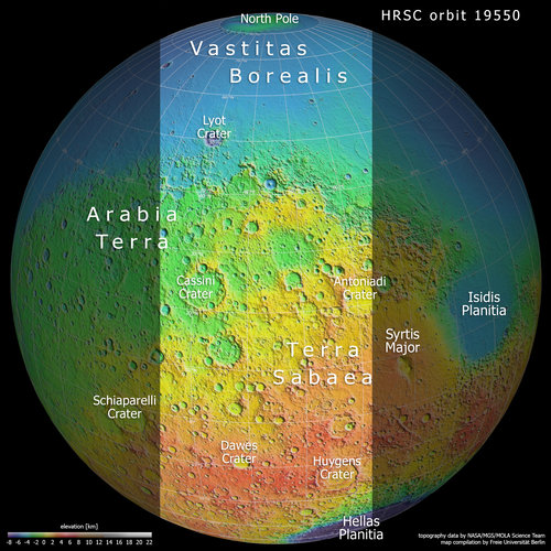 A slice of Mars in topographic context: Terra Sabaea and Arabia Terra