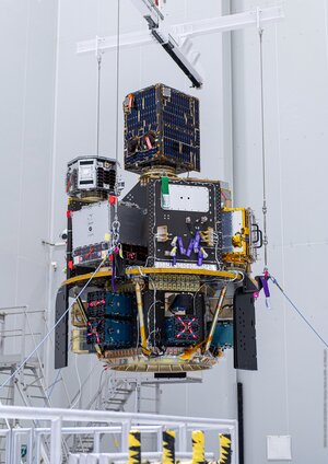 Vega's Small Spacecraft Mission Service (SSMS) dispenser with all satellites is mounted on the payload adapter at Europe's Spaceport.