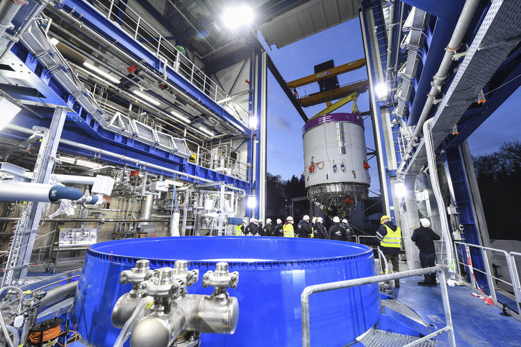 The Ariane 6 upper stage has been installed for tests at the DLR German Aerospace Center in Lampoldshausen, Germany