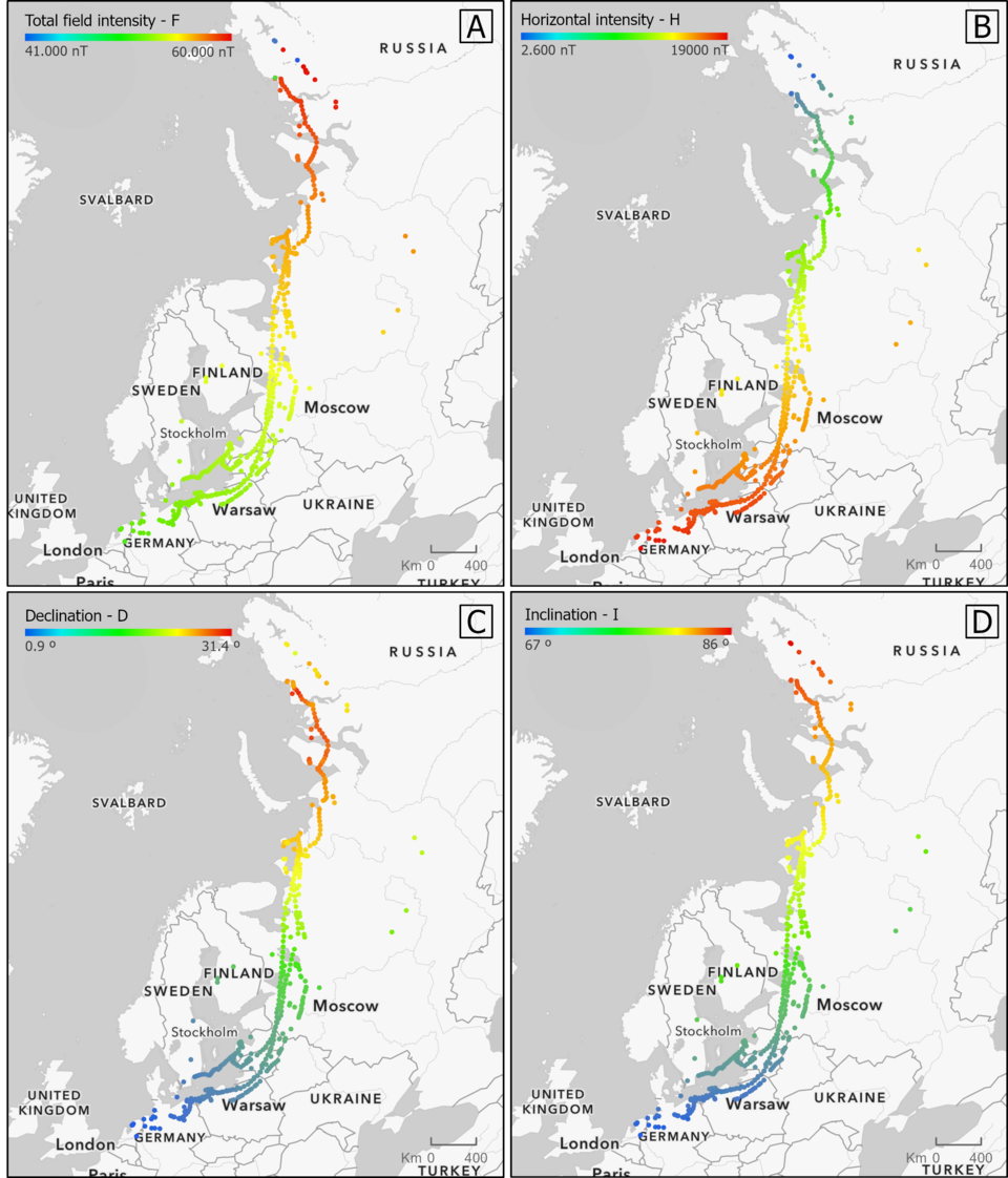 Geomagnetic intensity along migratory paths of white-fronted geese