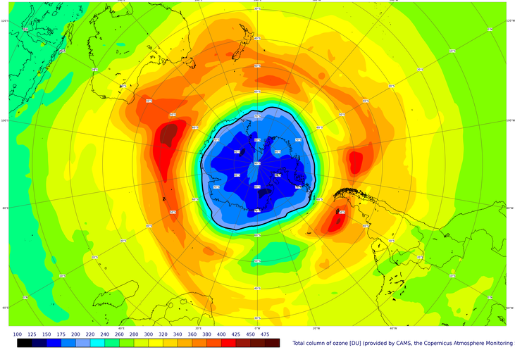 A map of the ozone hole over the South Pole on 16 September 2021