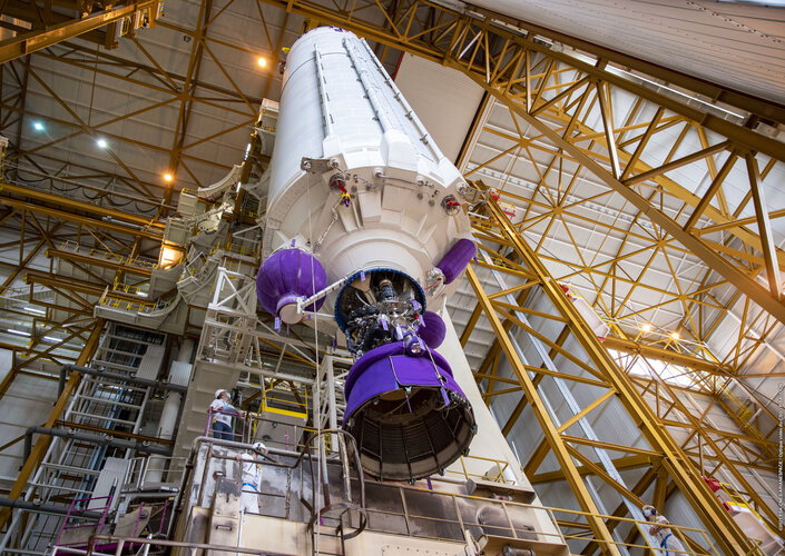 Webb’s Ariane 5 core stage was raised vertical in the launch vehicle integration building at Europe’s Spaceport in French Guiana