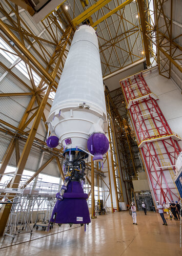 Webb’s Ariane 5 core stage was raised vertical in the launch vehicle integration building at Europe’s Spaceport in French Guiana