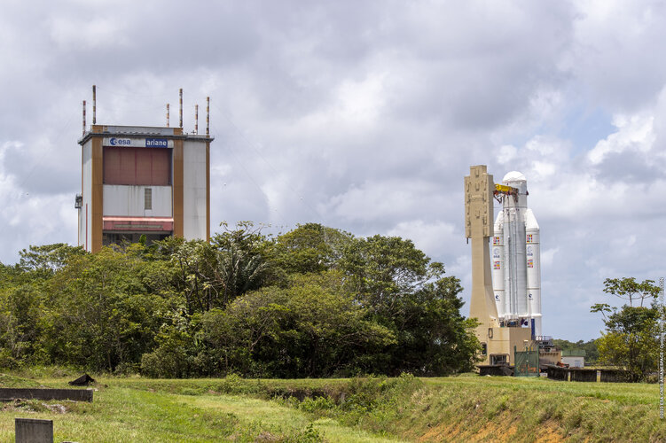 Ariane 5 rocket for the Juice launch being transferred to the final assembly building at Europe's Spaceport in French Guiana for payload integration and last preparation for flight VA260