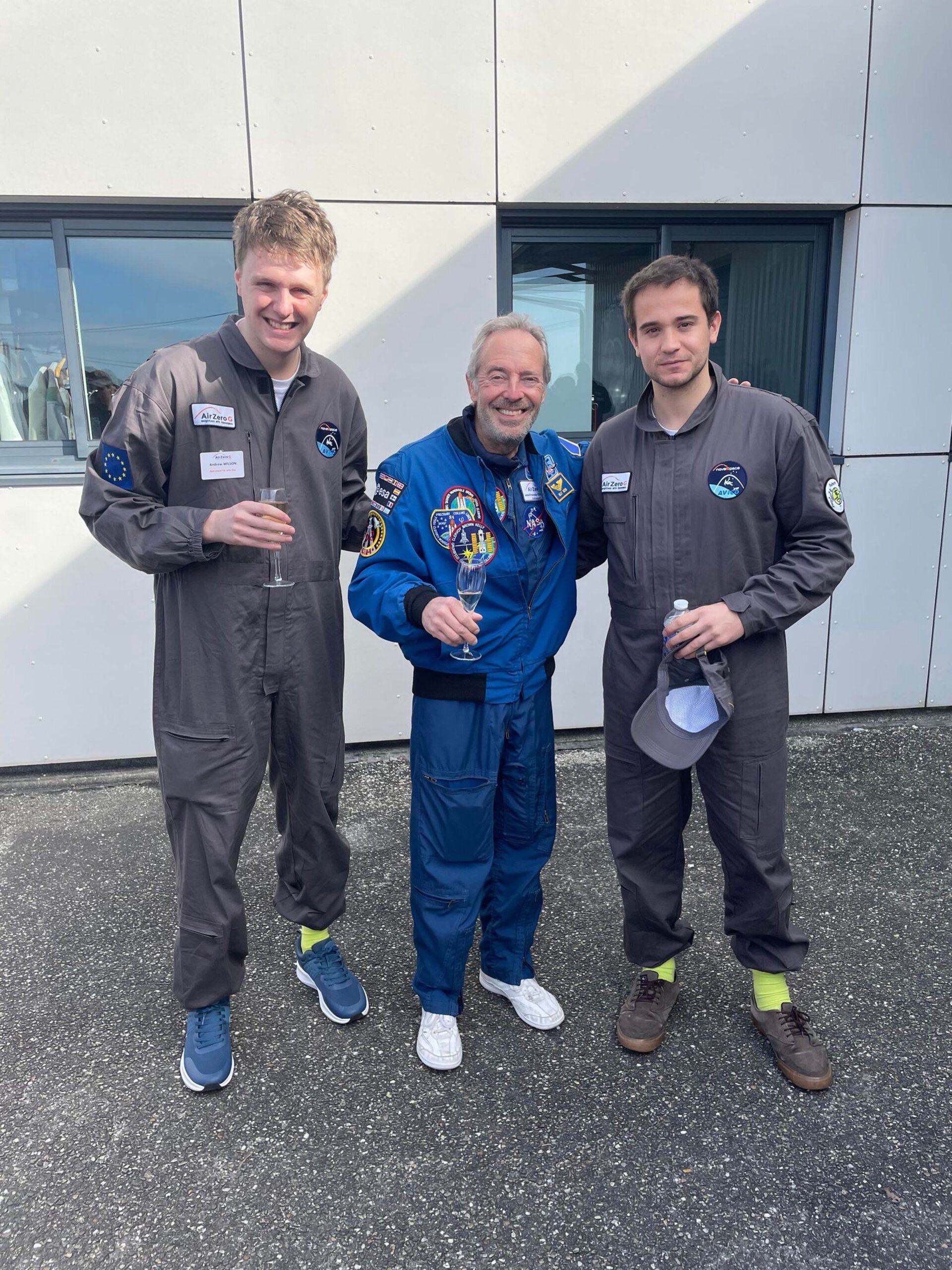 Andrew Wilson (winner 2021), Jean-François Clervoy (Chair of the Jury) and Mikel Iturbe (winner 2022) before the parabolic flight