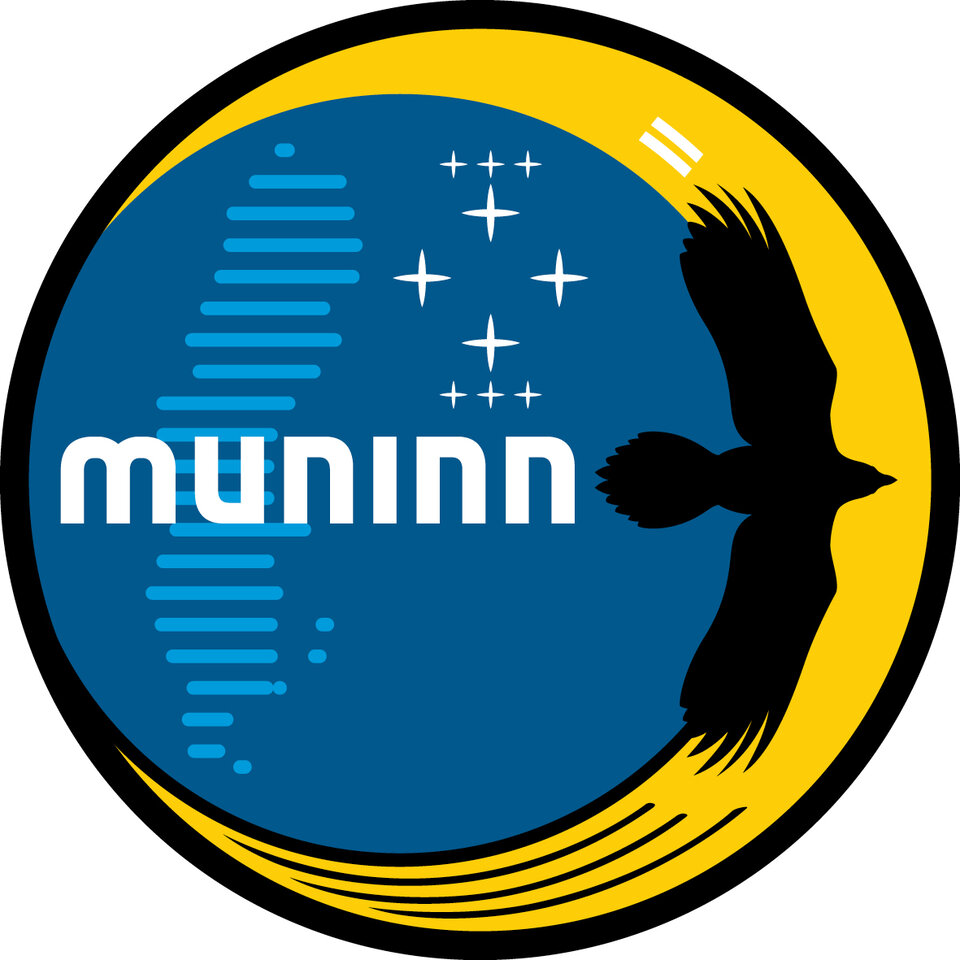 The Muninn patch with the raven flying over the silhouette of Sweden with the colors of the Swedish flag.   